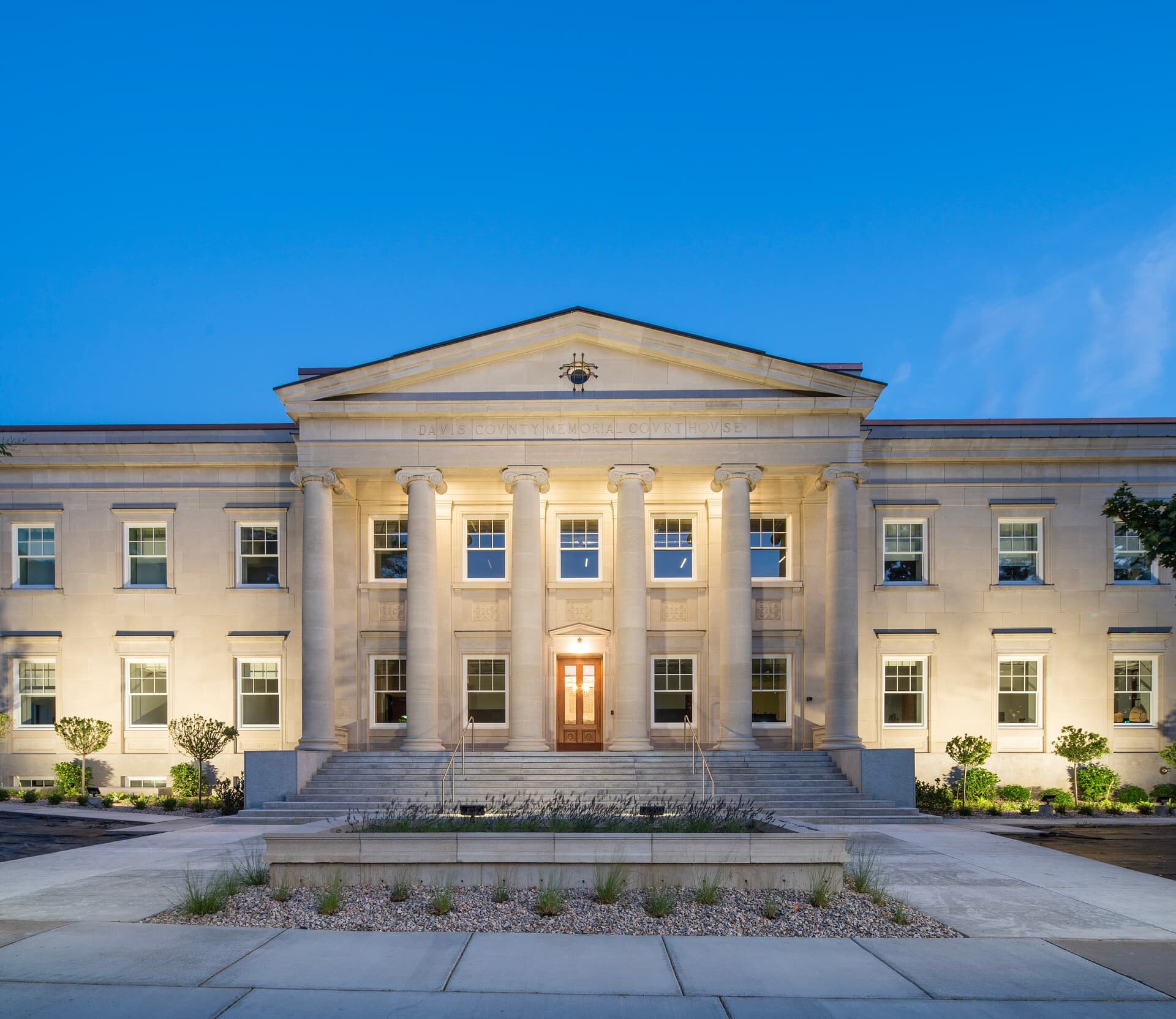 Davis County Memorial Courthouse restored historic facade at twilight