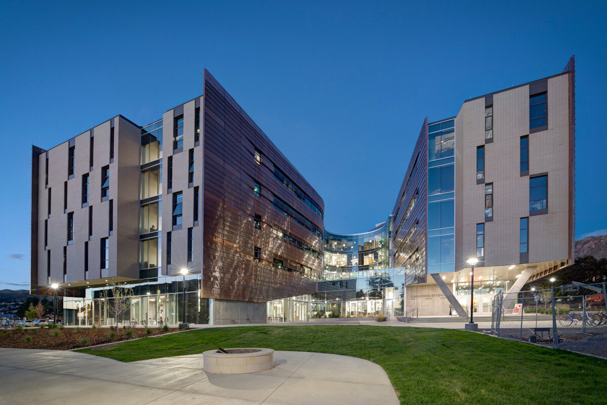 Lassonde Studios courtyard view at twilight